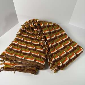 Vintage 1970s Multicolor Crochet Afghan Throw Blanket with Fringe Grandma Core